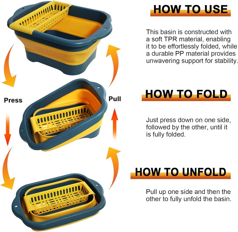 ZINSO 2.77 Gallon (10.5L) Collapsible Dish Basin with Drain Plug, Yellow Camping Dish Basin for RV, Space-Saving Foldable Wash Tub, BPA-Free Portable Sink for Vegetables and Dishes- with Brush - Image 4